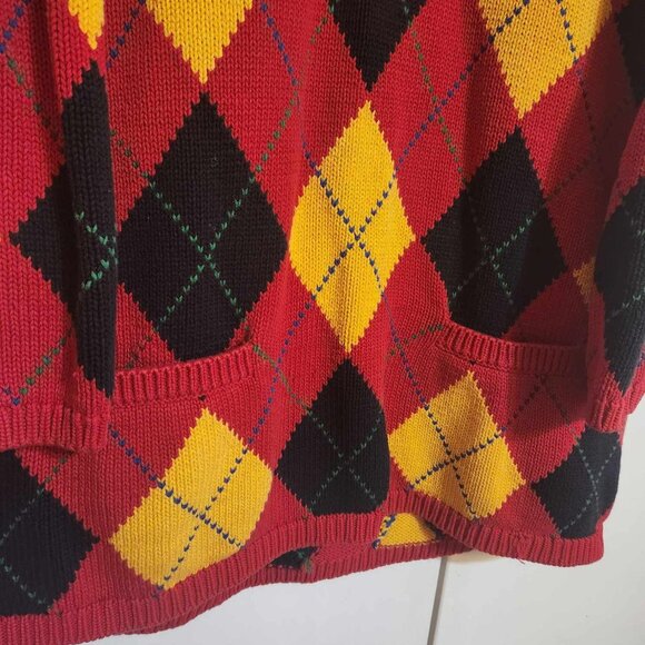 Vtg 90s XL Gap Red Black Yellow Argyle Diamond Oversized V Neck Tunic Sweater - Picture 4 of 6